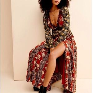 Free People Red Floral Maxi Dress with Mixed Print